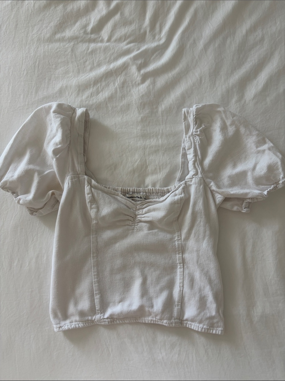 Abercrombie & Fitch White Puff Sleeve Square Neck Crop Top
